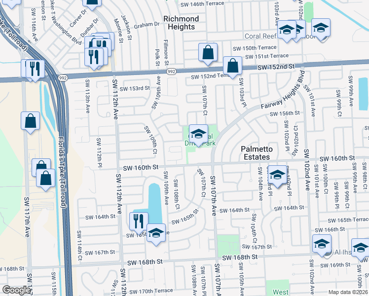 map of restaurants, bars, coffee shops, grocery stores, and more near 15871 Southwest 108th Avenue in Miami