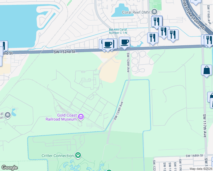 map of restaurants, bars, coffee shops, grocery stores, and more near 15657 Southwest 127th Avenue in Miami