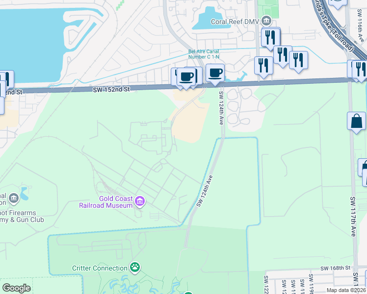 map of restaurants, bars, coffee shops, grocery stores, and more near 15657 Southwest 127th Avenue in Miami