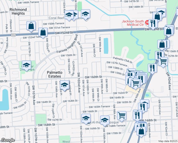 map of restaurants, bars, coffee shops, grocery stores, and more near 15915 Southwest 101st Avenue in Miami