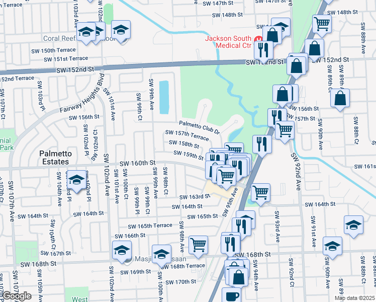 map of restaurants, bars, coffee shops, grocery stores, and more near 9760 Southwest 159th Street in Miami