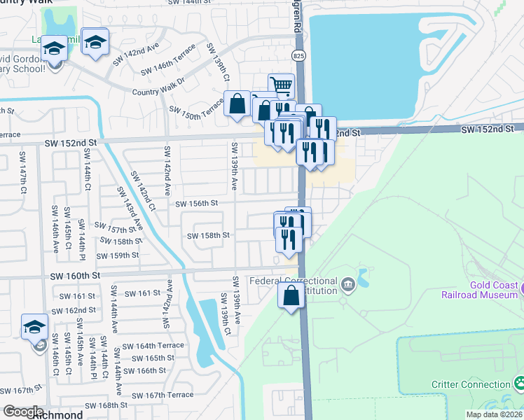map of restaurants, bars, coffee shops, grocery stores, and more near 13786 Southwest 157th Street in Miami
