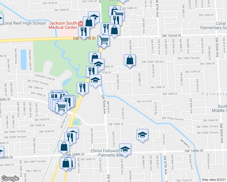 map of restaurants, bars, coffee shops, grocery stores, and more near 9045 Southwest 160th Terrace in Palmetto Bay