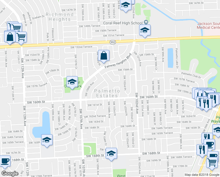 map of restaurants, bars, coffee shops, grocery stores, and more near 15841 Southwest 104th Avenue in Miami