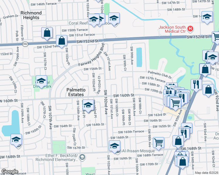 map of restaurants, bars, coffee shops, grocery stores, and more near 15915 Southwest 101st Avenue in Miami