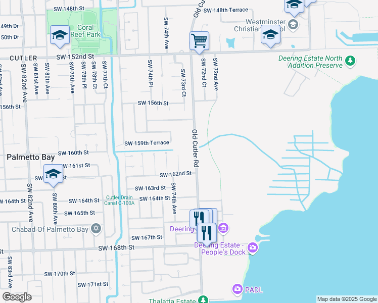 map of restaurants, bars, coffee shops, grocery stores, and more near 16153 Southwest 73rd Place in Palmetto Bay