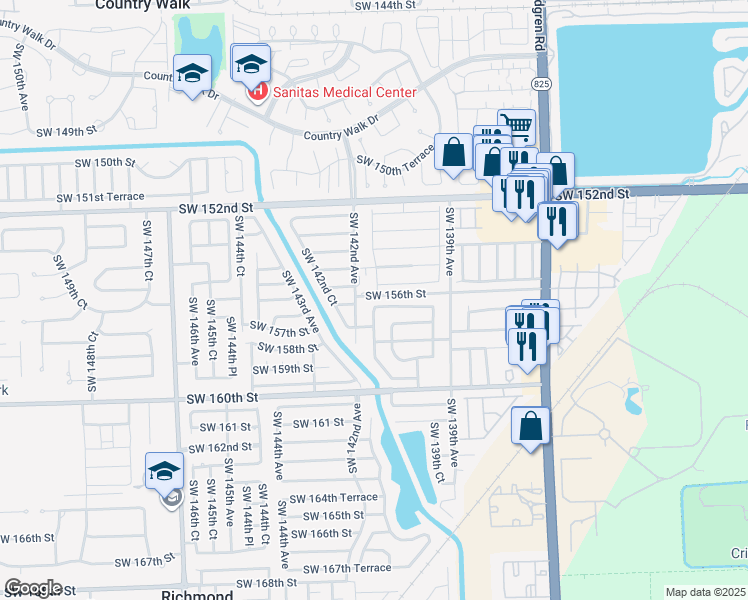 map of restaurants, bars, coffee shops, grocery stores, and more near 15677 Southwest 142nd Avenue in Miami