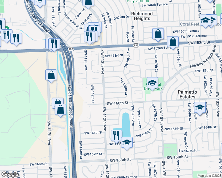 map of restaurants, bars, coffee shops, grocery stores, and more near 11034 Southwest 158th Terrace in Miami
