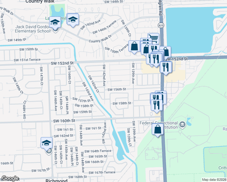 map of restaurants, bars, coffee shops, grocery stores, and more near 13985 Southwest 157th Street in Miami