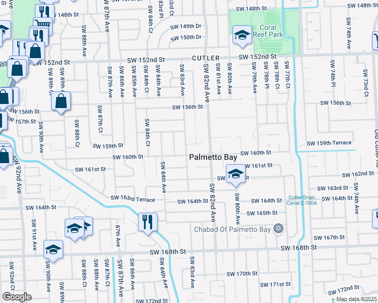 map of restaurants, bars, coffee shops, grocery stores, and more near 8260 Southwest 160th Street in Palmetto Bay