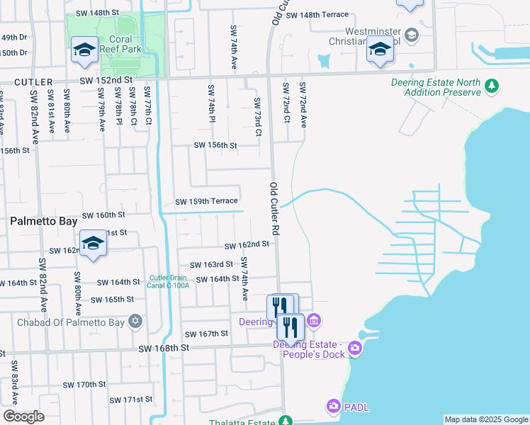 map of restaurants, bars, coffee shops, grocery stores, and more near 16153 Southwest 73rd Place in Palmetto Bay