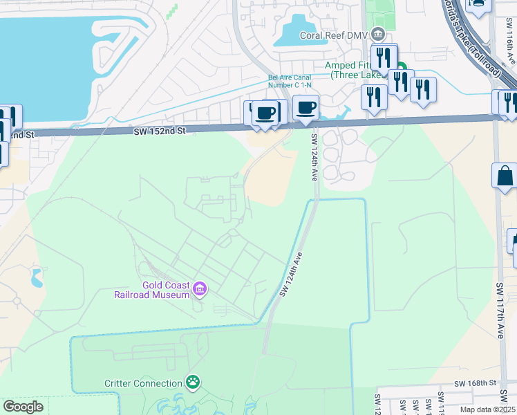 map of restaurants, bars, coffee shops, grocery stores, and more near 15657 Southwest 127th Avenue in Miami