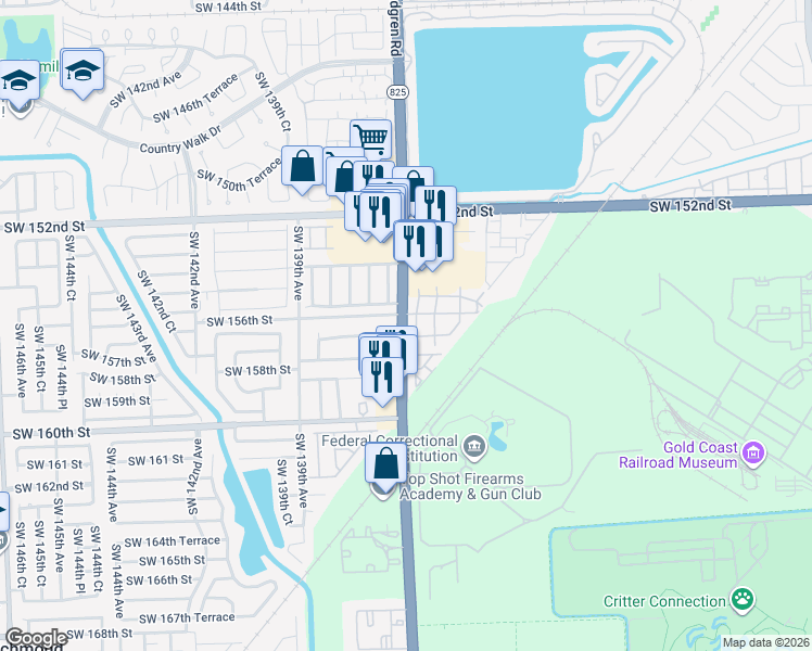map of restaurants, bars, coffee shops, grocery stores, and more near 15741 Southwest 137th Court in Miami
