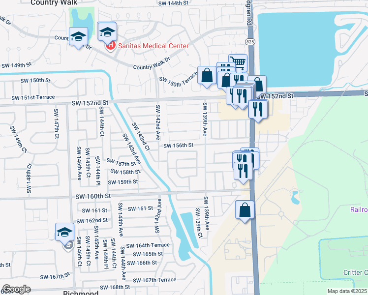 map of restaurants, bars, coffee shops, grocery stores, and more near 13985 Southwest 157th Street in Miami