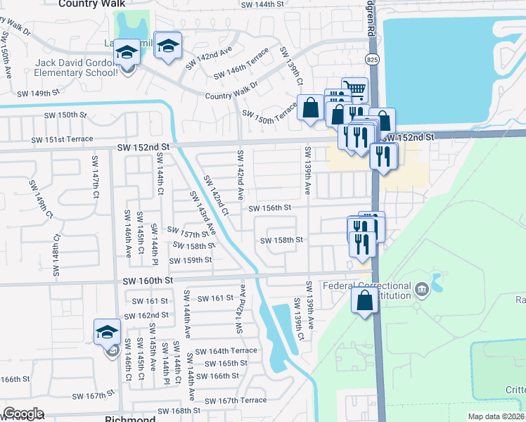 map of restaurants, bars, coffee shops, grocery stores, and more near 13985 Southwest 157th Street in Miami