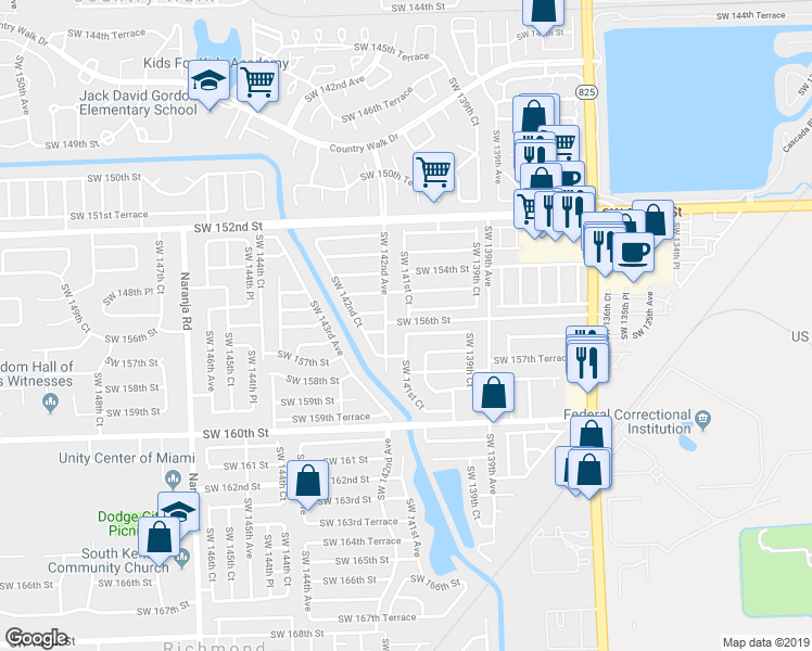 map of restaurants, bars, coffee shops, grocery stores, and more near 15677 Southwest 142nd Avenue in Miami