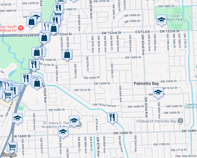 map of restaurants, bars, coffee shops, grocery stores, and more near 8605 Southwest 159th Street in Palmetto Bay