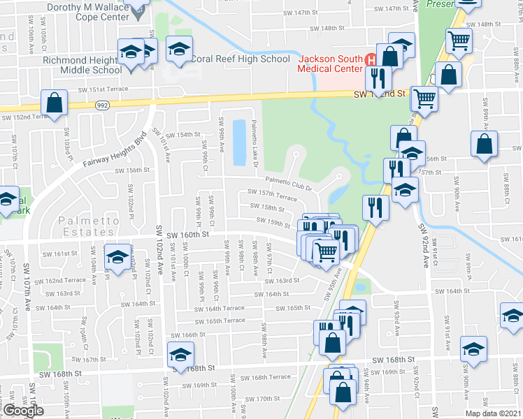 map of restaurants, bars, coffee shops, grocery stores, and more near 9801 Southwest 158th Street in Miami
