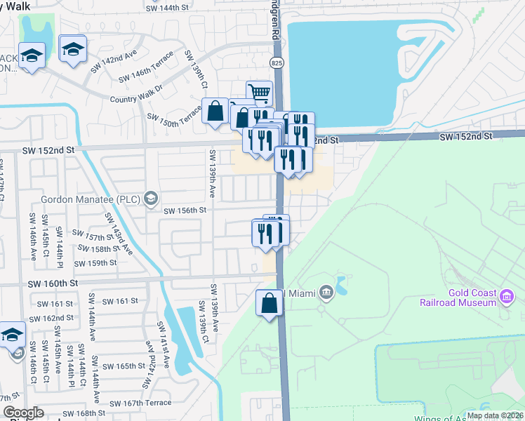 map of restaurants, bars, coffee shops, grocery stores, and more near 13746 Southwest 155th Terrace in Miami