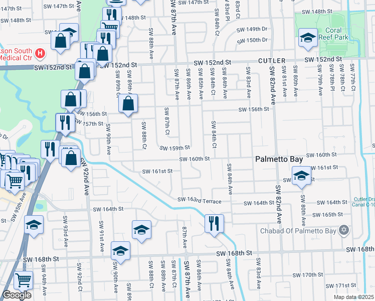 map of restaurants, bars, coffee shops, grocery stores, and more near 8605 Southwest 159th Street in Palmetto Bay
