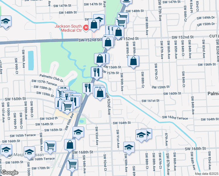 map of restaurants, bars, coffee shops, grocery stores, and more near 15830 Southwest 91st Court in Palmetto Bay