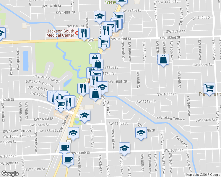 map of restaurants, bars, coffee shops, grocery stores, and more near 15825 Southwest 90th Court in Palmetto Bay