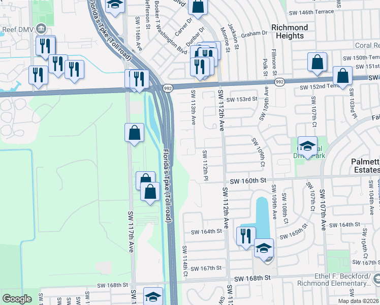 map of restaurants, bars, coffee shops, grocery stores, and more near 15627 Southwest 113th Place in Miami
