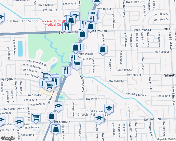 map of restaurants, bars, coffee shops, grocery stores, and more near 15850 Southwest 90th Court in Palmetto Bay