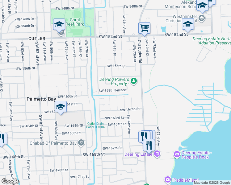 map of restaurants, bars, coffee shops, grocery stores, and more near 7485 Southwest 159th Terrace in Palmetto Bay