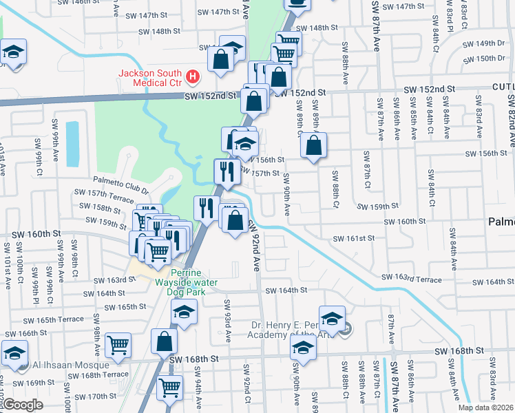 map of restaurants, bars, coffee shops, grocery stores, and more near 15800 Southwest 91st Court in Palmetto Bay
