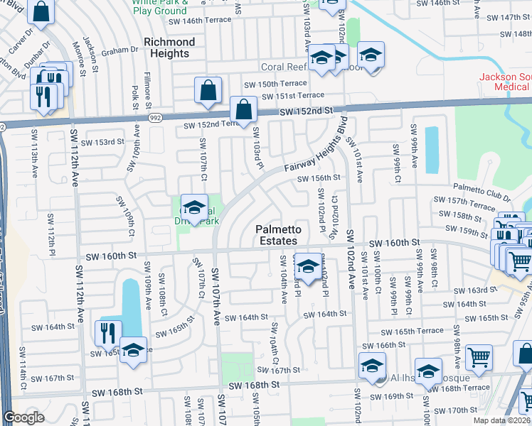 map of restaurants, bars, coffee shops, grocery stores, and more near 15755 Southwest 105th Court in Miami