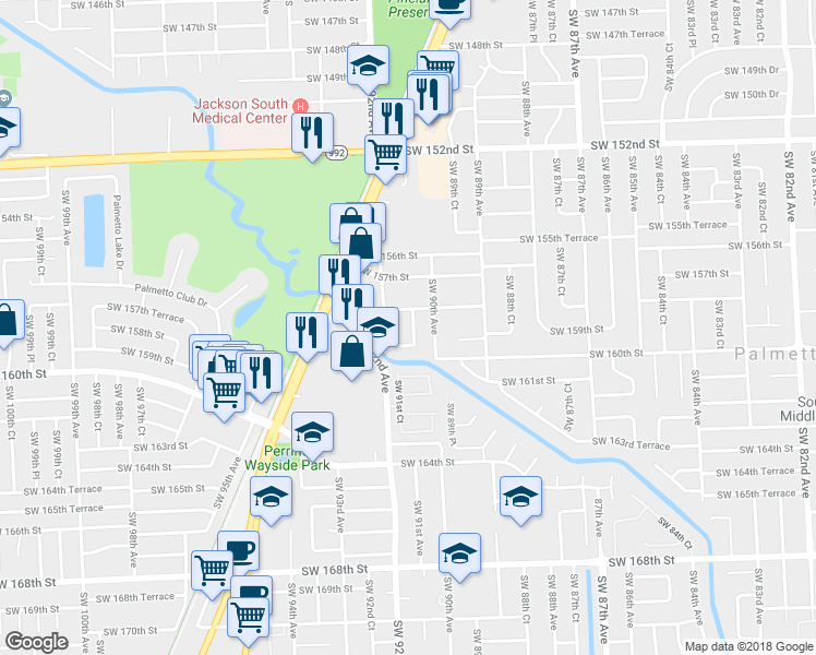 map of restaurants, bars, coffee shops, grocery stores, and more near 15825 Southwest 90th Court in Palmetto Bay