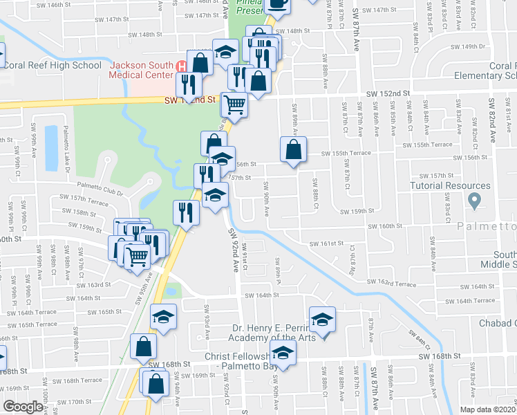 map of restaurants, bars, coffee shops, grocery stores, and more near 15825 Southwest 90th Court in Palmetto Bay