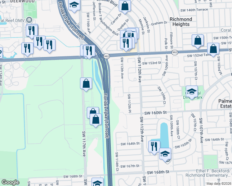 map of restaurants, bars, coffee shops, grocery stores, and more near 15627 Southwest 113th Place in Miami
