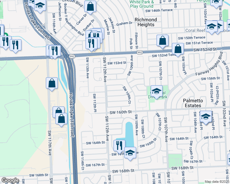 map of restaurants, bars, coffee shops, grocery stores, and more near 11024 SW 156th Terrace in Miami