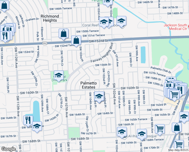 map of restaurants, bars, coffee shops, grocery stores, and more near 10340 Southwest 157th Terrace in Miami