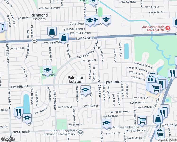 map of restaurants, bars, coffee shops, grocery stores, and more near 15760 SW 102nd Pl in Miami