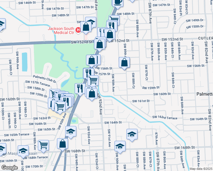 map of restaurants, bars, coffee shops, grocery stores, and more near 15825 Southwest 90th Court in Palmetto Bay