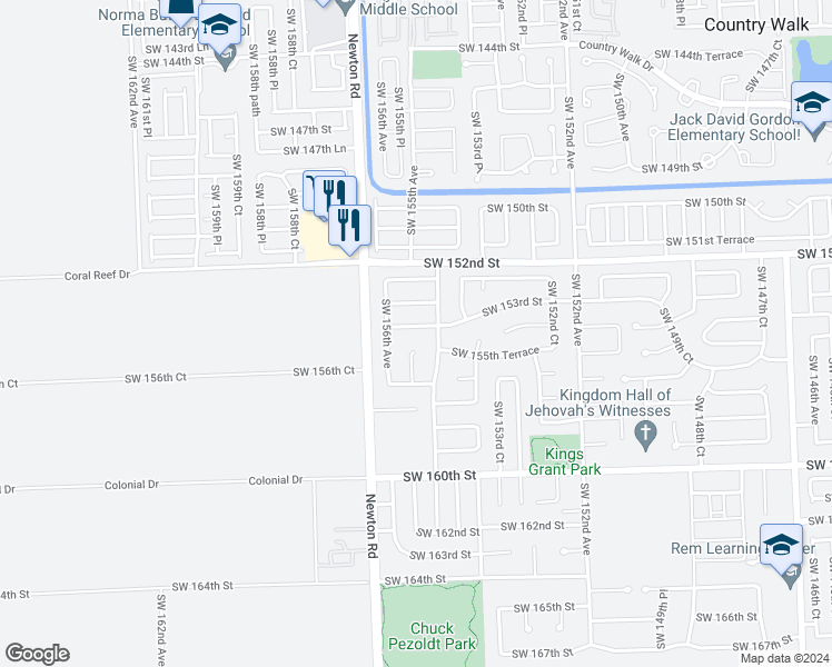 map of restaurants, bars, coffee shops, grocery stores, and more near 15534 Southwest 153rd Street in Miami
