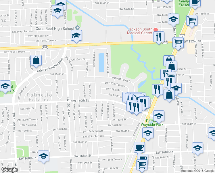 map of restaurants, bars, coffee shops, grocery stores, and more near 9801 Southwest 158th Street in Miami