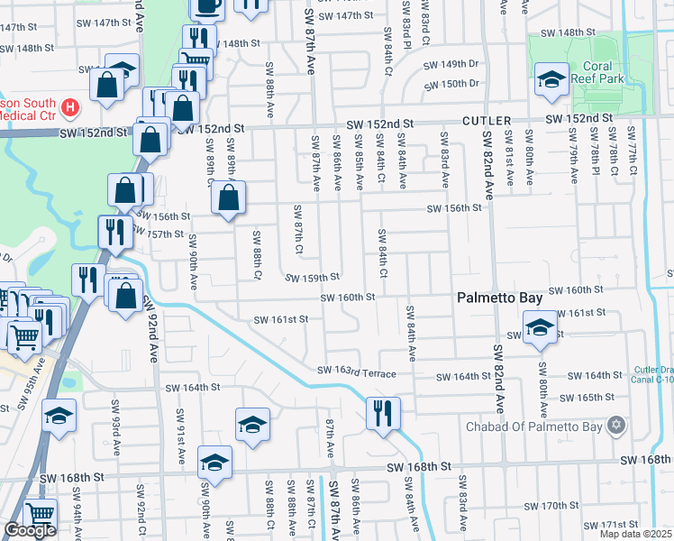 map of restaurants, bars, coffee shops, grocery stores, and more near 8605 Southwest 159th Street in Palmetto Bay