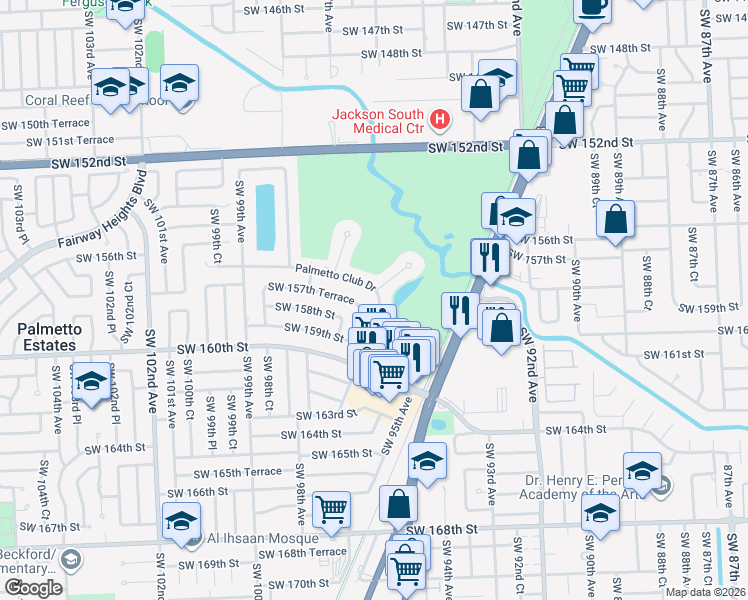 map of restaurants, bars, coffee shops, grocery stores, and more near 15730 Palmetto Club Drive in Miami