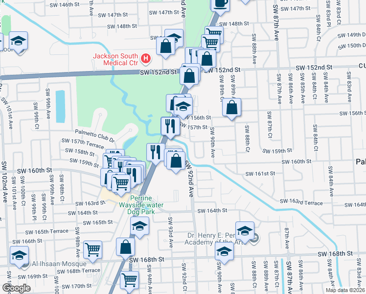 map of restaurants, bars, coffee shops, grocery stores, and more near 15800 Southwest 91st Court in Palmetto Bay