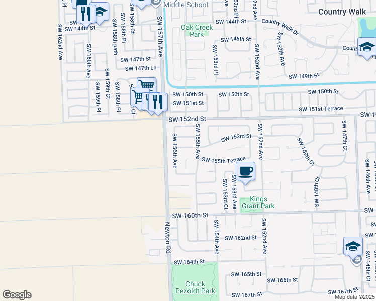 map of restaurants, bars, coffee shops, grocery stores, and more near 15534 Southwest 153rd Street in Miami