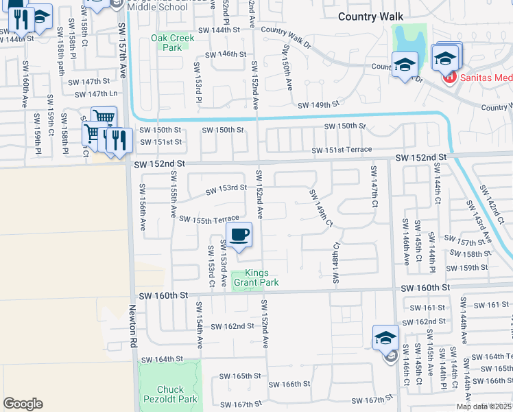 map of restaurants, bars, coffee shops, grocery stores, and more near 15430 Southwest 152nd Avenue in Miami