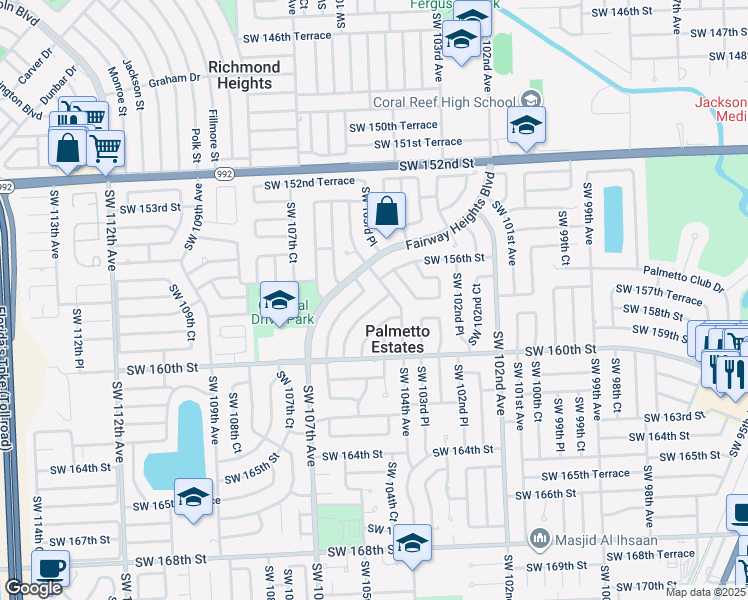 map of restaurants, bars, coffee shops, grocery stores, and more near 15740 Southwest 104th Avenue in Miami