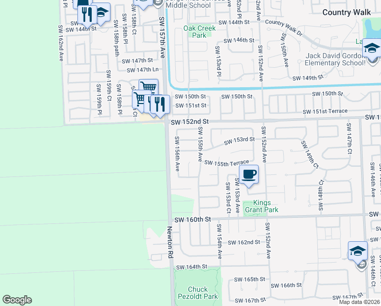 map of restaurants, bars, coffee shops, grocery stores, and more near 15534 Southwest 153rd Street in Miami