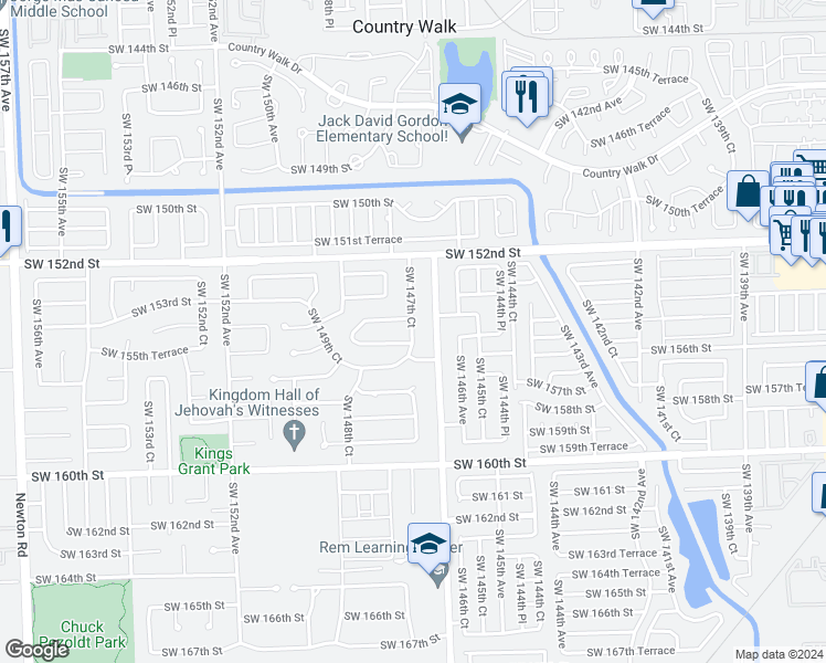 map of restaurants, bars, coffee shops, grocery stores, and more near 15425 Southwest 147th Court in Miami