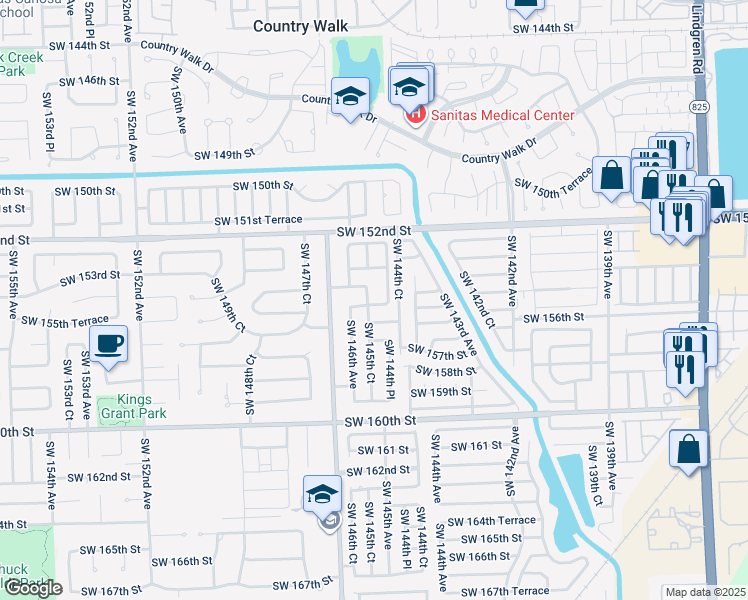 map of restaurants, bars, coffee shops, grocery stores, and more near 15475 Southwest 145th Court in Miami