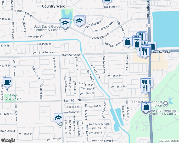 map of restaurants, bars, coffee shops, grocery stores, and more near 15521 Southwest 143rd Avenue in Miami